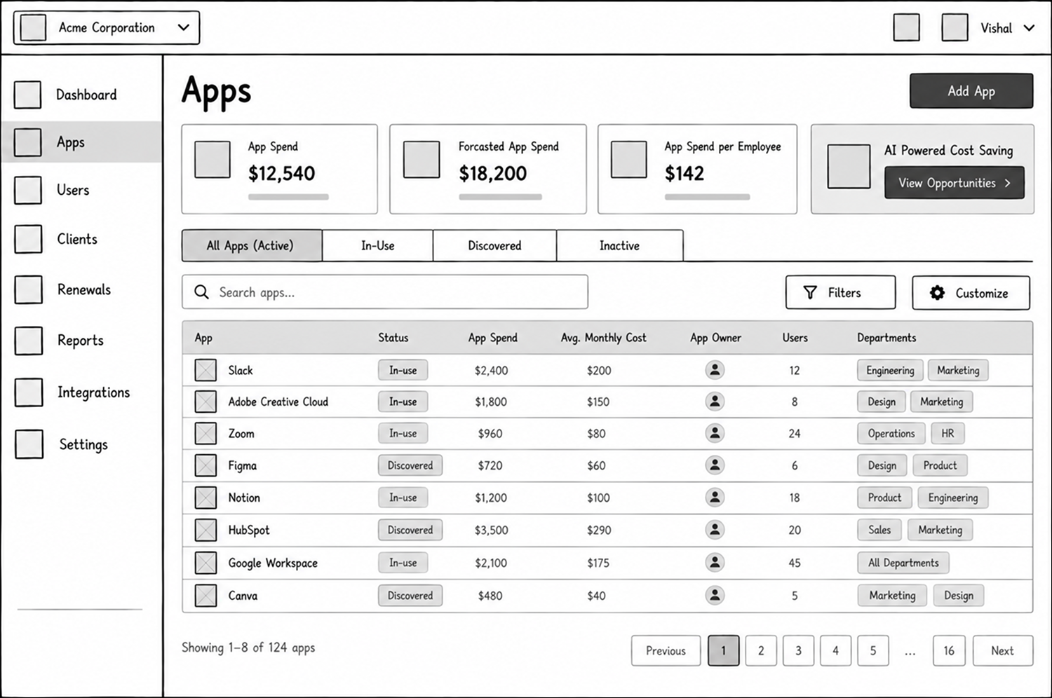 AppVentory Applications Inventory Lo-fi Wireframe