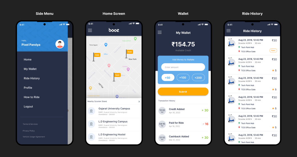 Booz Navigation Screens — Dark Mode
