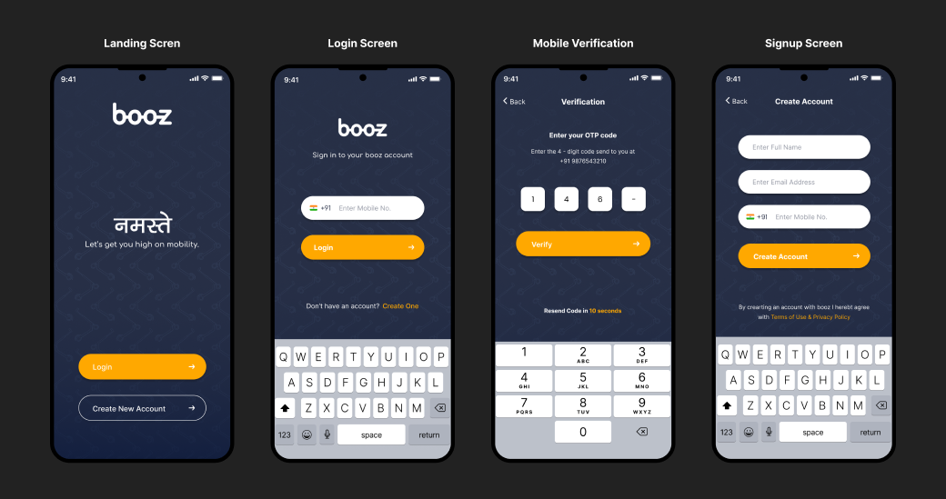 Booz Onboarding Screens — Dark Mode