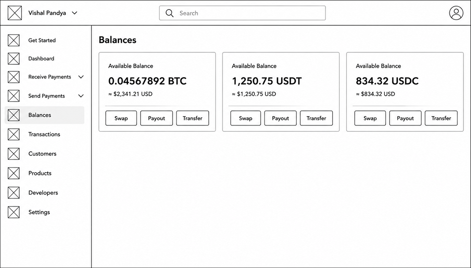 Speed Balances and Funds Management Lo-fi Wireframe