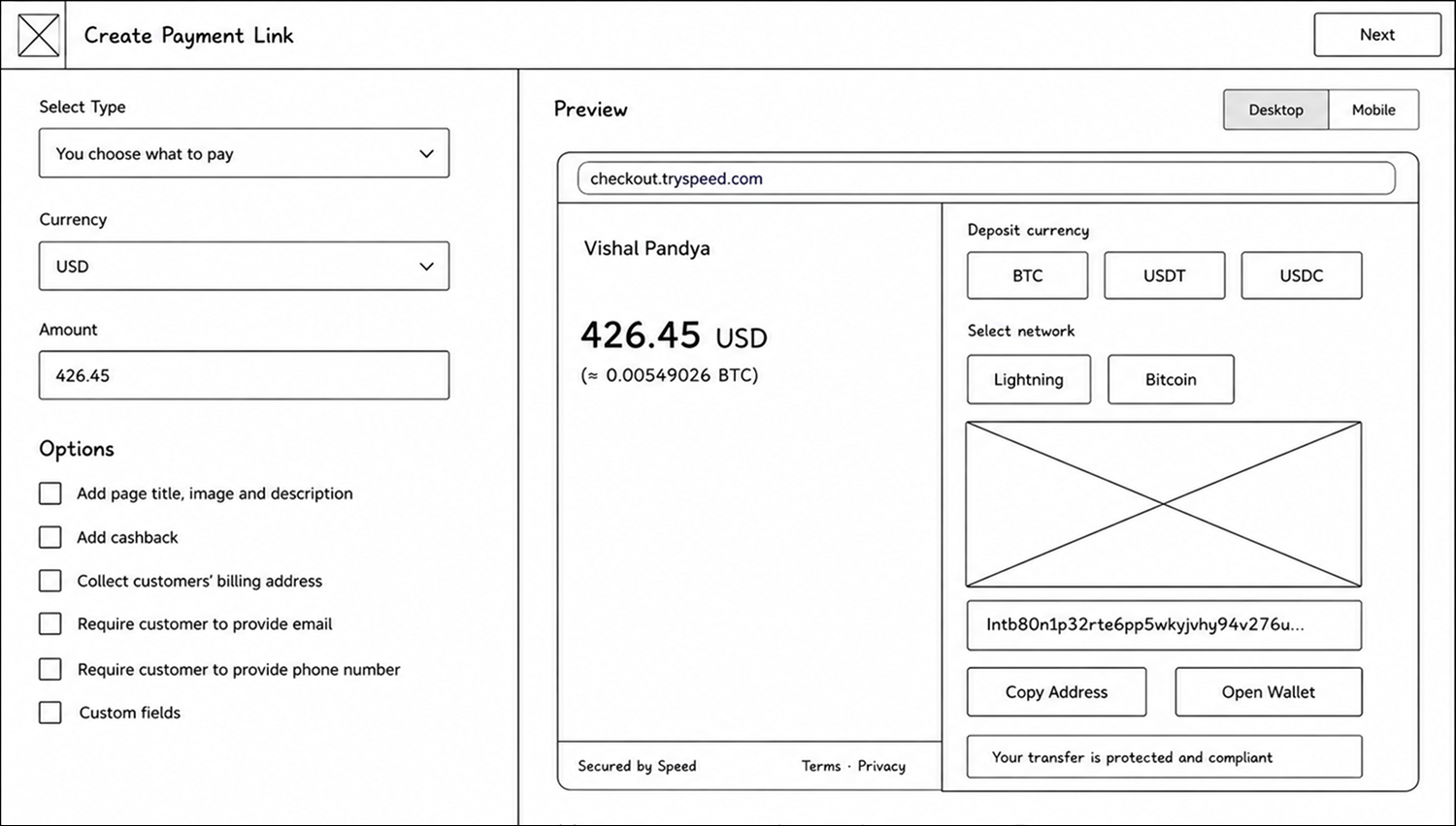 Speed Create Payment Link Lo-fi Wireframe
